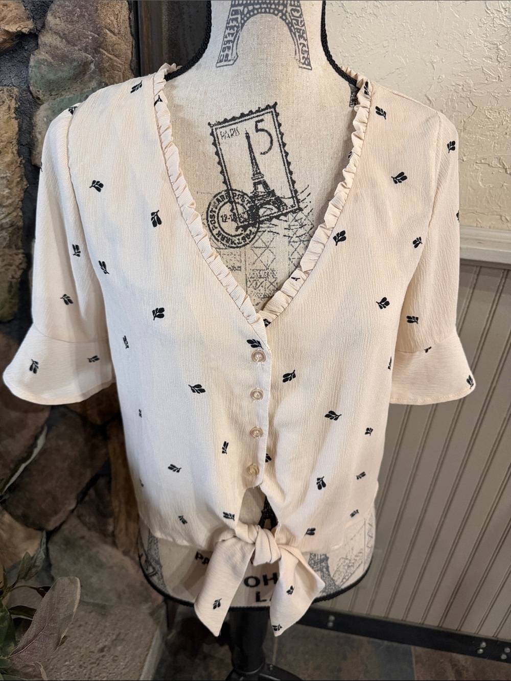 Tie-Hem Cream Blouse with Black Micro Motif